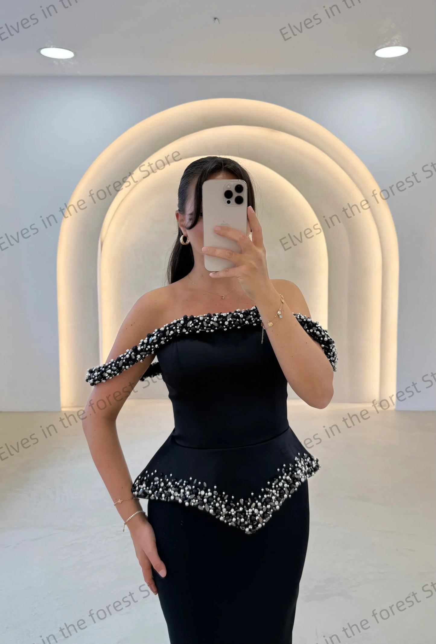 Blue Mermaid Off-Shoulder Evening Gown with Pearl Beading