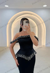 Blue Mermaid Off-Shoulder Evening Gown with Pearl Beading
