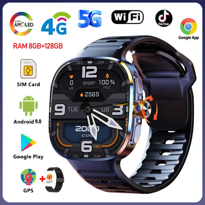 8GB+128GB RAM 4G/3G Smart Watch 2.40 inch AMOLED 2100mah Battery 900W Camera GPS WIFI Google APPS Download Smartwatch Android 10