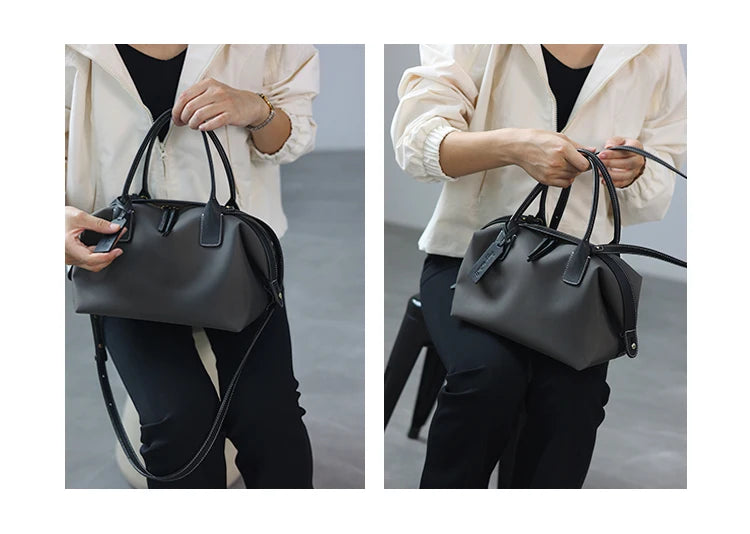 Women's Nylon With Genuine Leather Zipper Tote Lightweight Soft Travling Bags Versatile Style Handbag Different Colors And Size