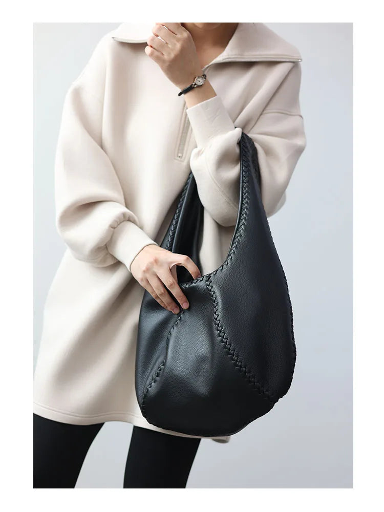 JAZZQ Soft Cowhide Leather Hobo Tote | Hand-Woven Detail