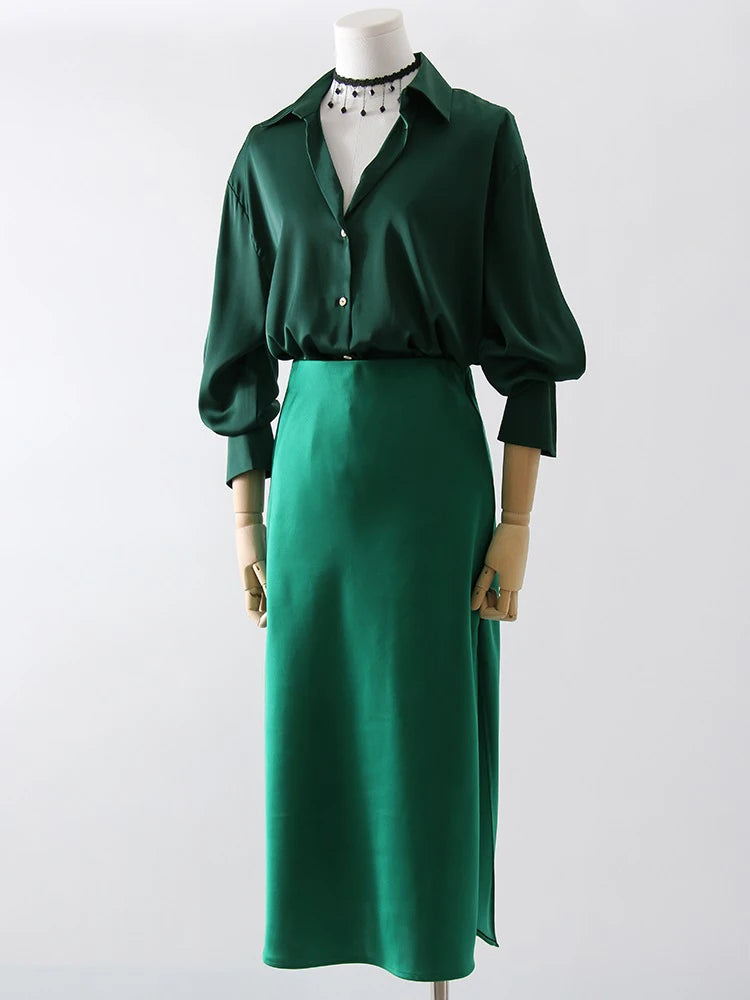 Women's Satin Midi Skirt – Elegant A-Line with Slit