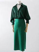 Women's Satin Midi Skirt – Elegant A-Line with Slit