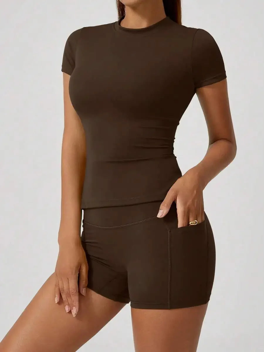Women's Sculpting Sports Short Sleeve & High-Waist Shorts Set