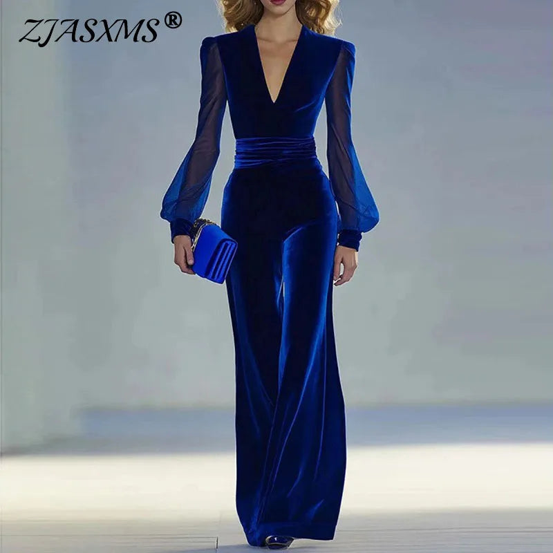 Deep V-Neck Velvet Jumpsuit – Elegant High-Waist Mesh Long Sleeve Romper