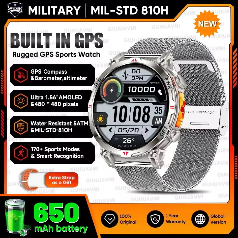 New Upgrade GPS Outdoor Sports SmartWatch Men With 5ATM Swim Compass Altimeter 1.56" AMOLED Heart Rate Bluetooth Call Smartwatch