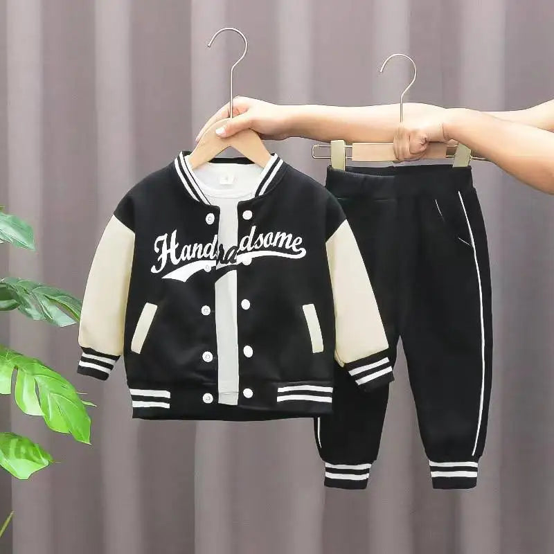 Boys' 3-Piece Autumn Letter Jacket & Striped Sweatpants Set