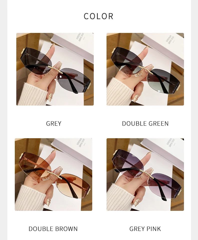 Oversized Rimless Oval Sunglasses – UV400 Metal Frame