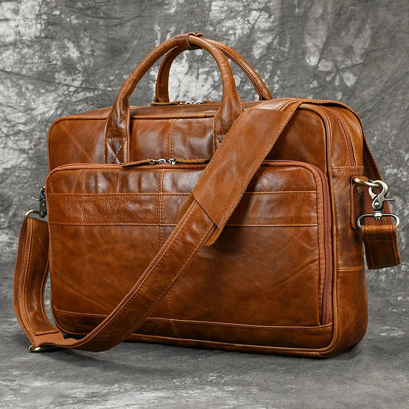 Men Briefcase Genuine Leather Laptop Bag 14 15.6" PC Doctor Lawyer Computer Bag Cowhide Male Briefcase Leather Men Business Bag