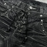 New retro double waisted lace up micro flared women pants streetwear Y2K washed high-quality design sense men and women jeans