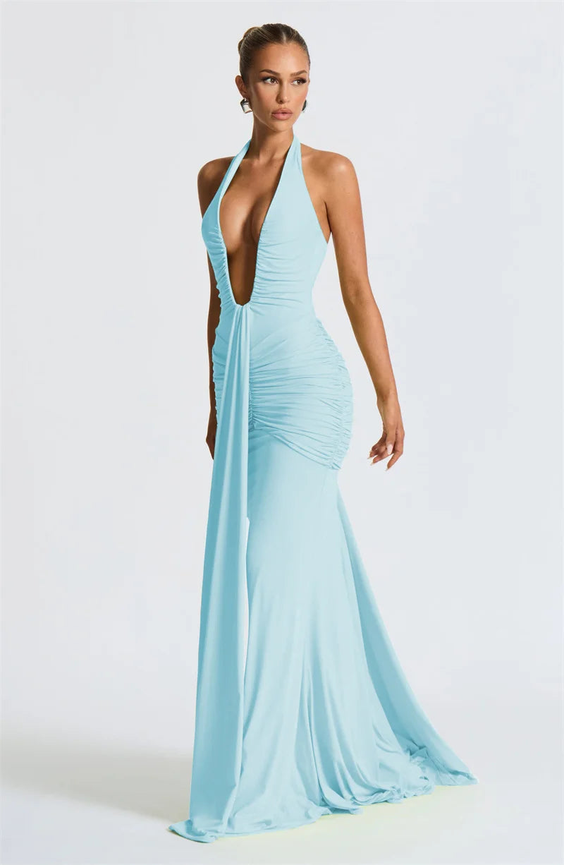 Elegant Deep V-Neck Halter Maxi Dress