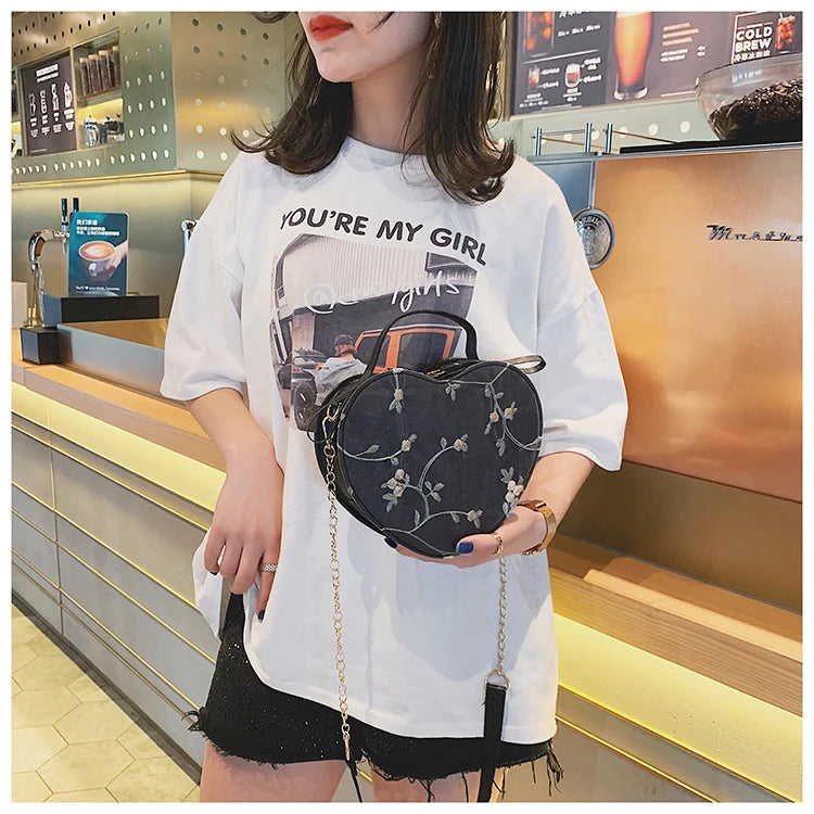 Female Sweet Lace Heart Round Handbags High Quality PU Leather Cross Body Bags for Women Small Fresh Flower Chain Shoulder Bags