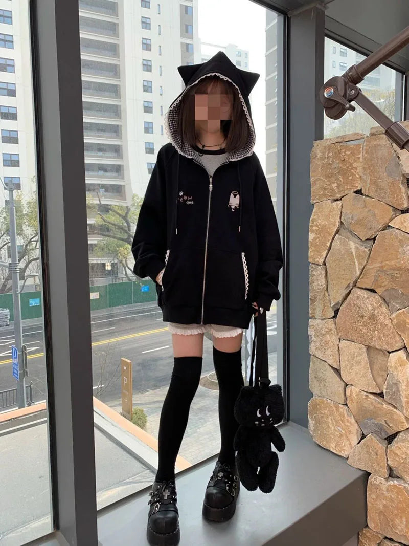 Women's Cute Cat Print Relaxed Zip-Up Hoodie