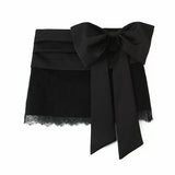 Women 2025 Autumn New Lace Bodysuit Women's Bodysuit Black Cutwork O-Neck Long Sleeves Bodysuits+Splicing Mini Skirt Suit