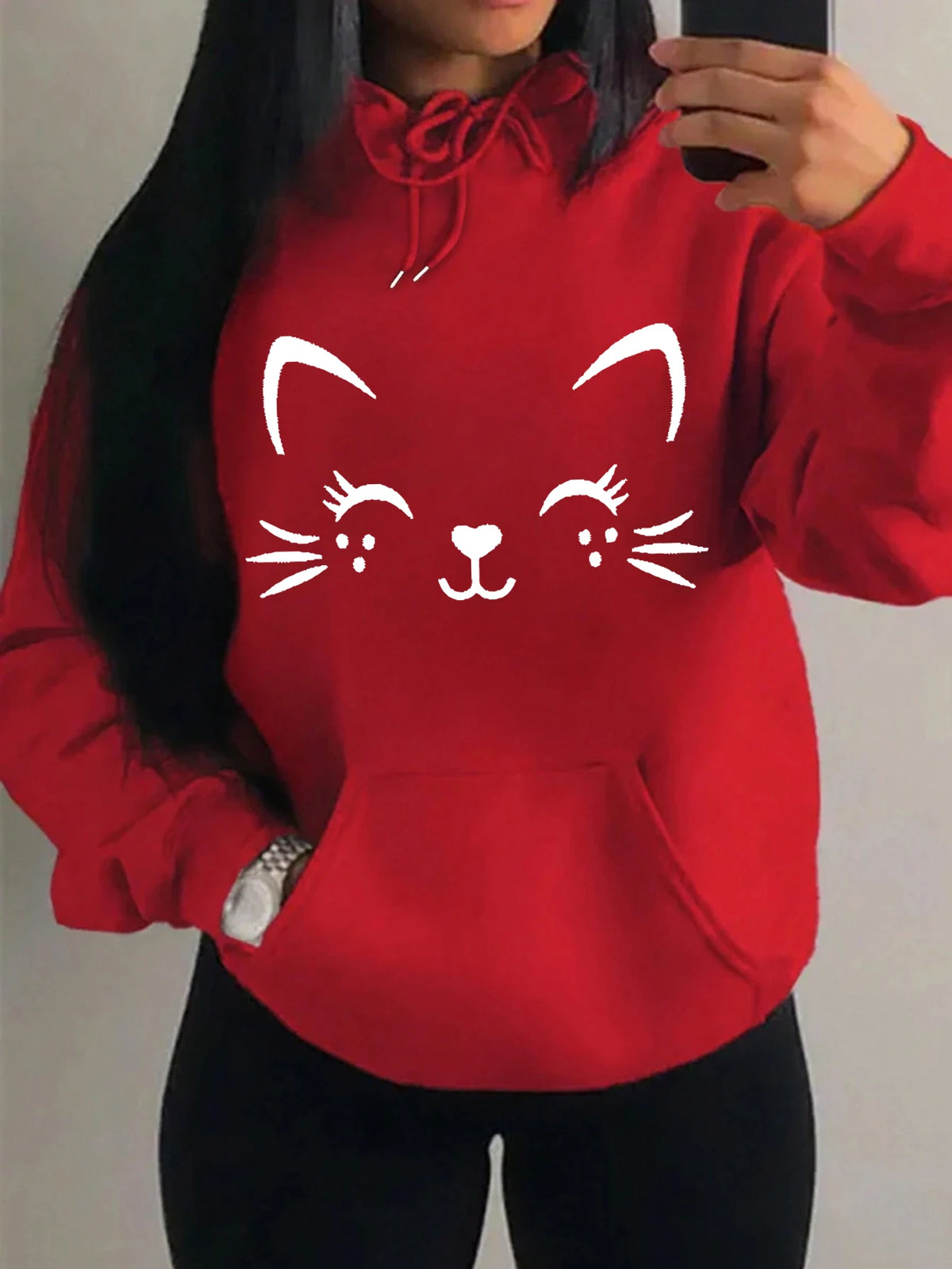 Women's Playful Cat Graphic Fleece Hoodie