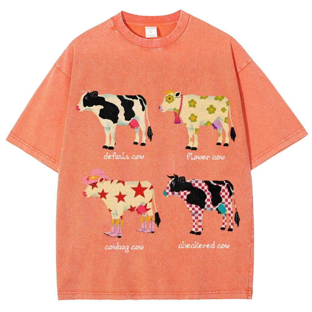 Cute Cartoon Cow Print T-Shirt Pure Cotton Washed Shoulder Round Neck Neutral Style Fashion Trend New High Quality Short Sleeves