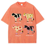 Cute Cartoon Cow Print T-Shirt Pure Cotton Washed Shoulder Round Neck Neutral Style Fashion Trend New High Quality Short Sleeves