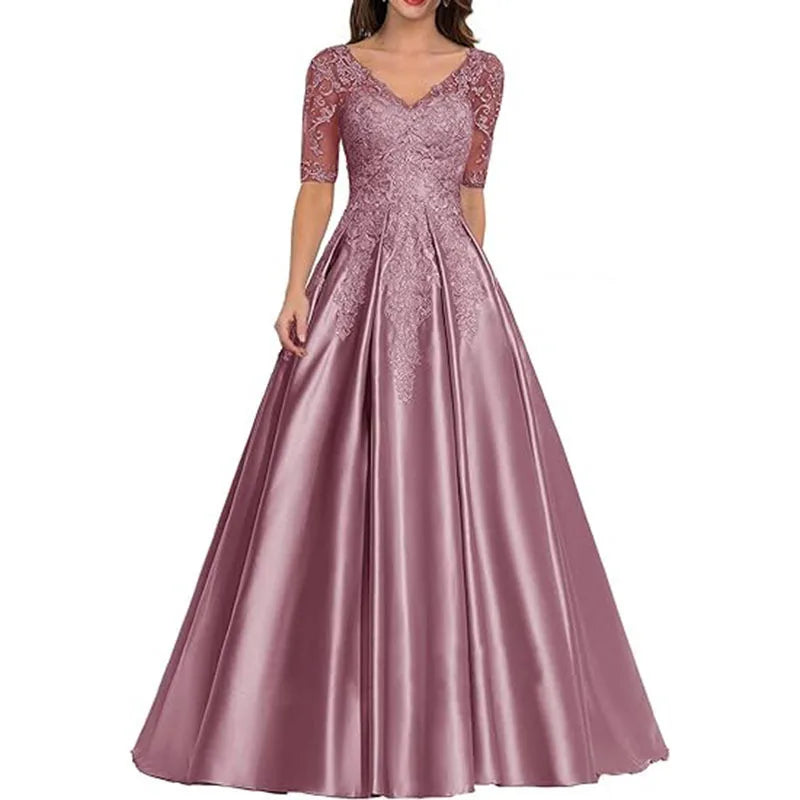 A Line Women Evening Dresses Satin Appliques V Neck Prom Party Gowns Formal Occasion robes de soirée
