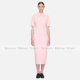 Customized Pink Cocktail Dress Short Sleeves Point Collar Modern Party Gowns Midi Tea Length Simple Women's Formal Dresses 2026