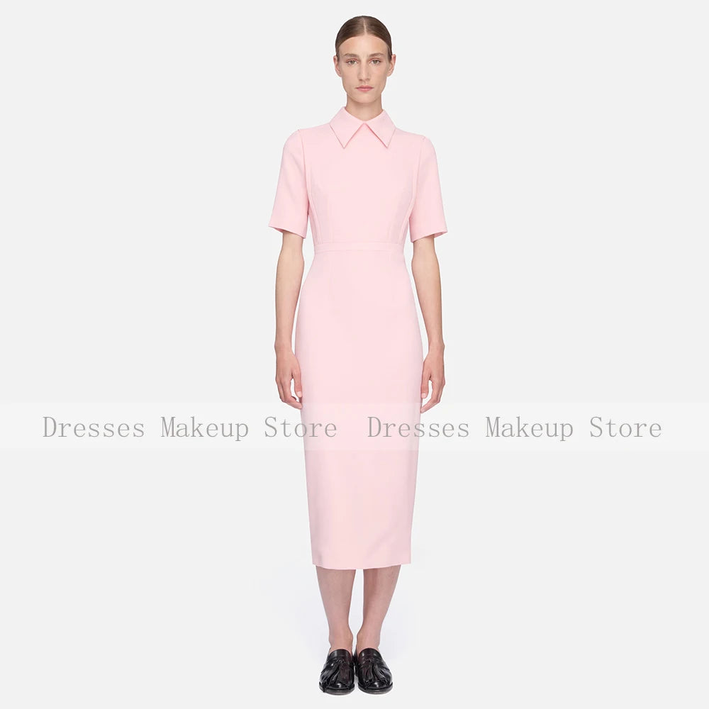 Customized Pink Cocktail Dress Short Sleeves Point Collar Modern Party Gowns Midi Tea Length Simple Women's Formal Dresses 2026