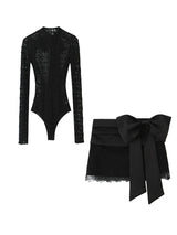 Women 2025 Autumn New Lace Bodysuit Women's Bodysuit Black Cutwork O-Neck Long Sleeves Bodysuits+Splicing Mini Skirt Suit