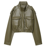 Women's Jacket Faux Leather Jacket Green Women's Demi-Season Jacket Outerwears Women's Autumn New In Coat Windbreaker Streetwear