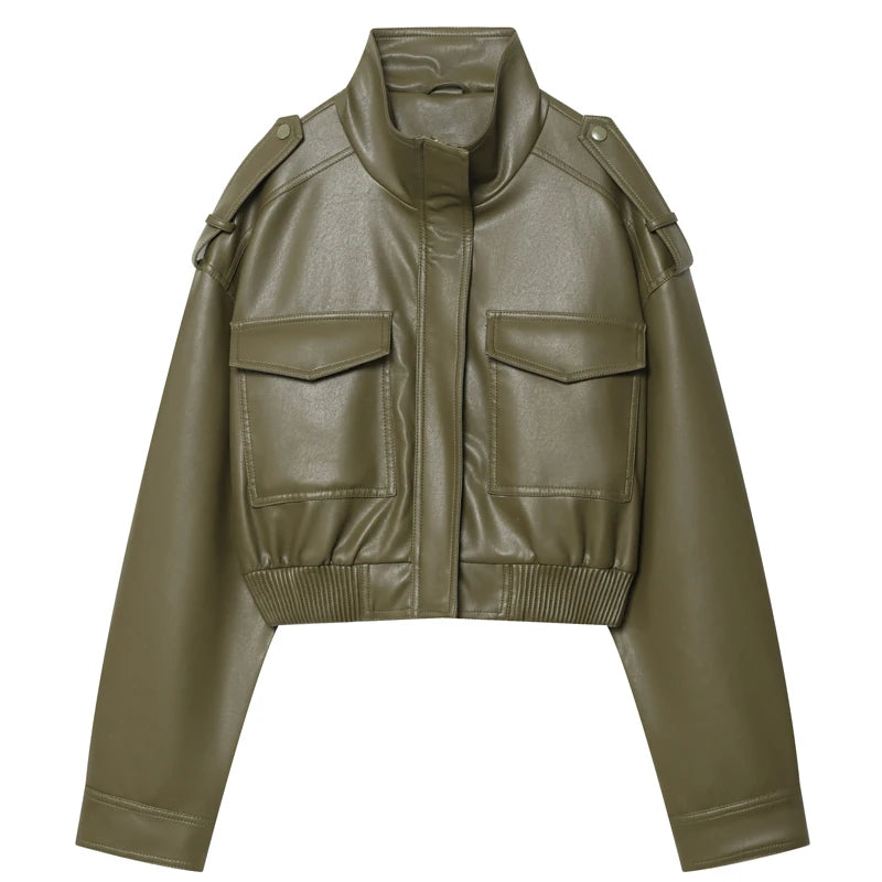 Women's Jacket Faux Leather Jacket Green Women's Demi-Season Jacket Outerwears Women's Autumn New In Coat Windbreaker Streetwear