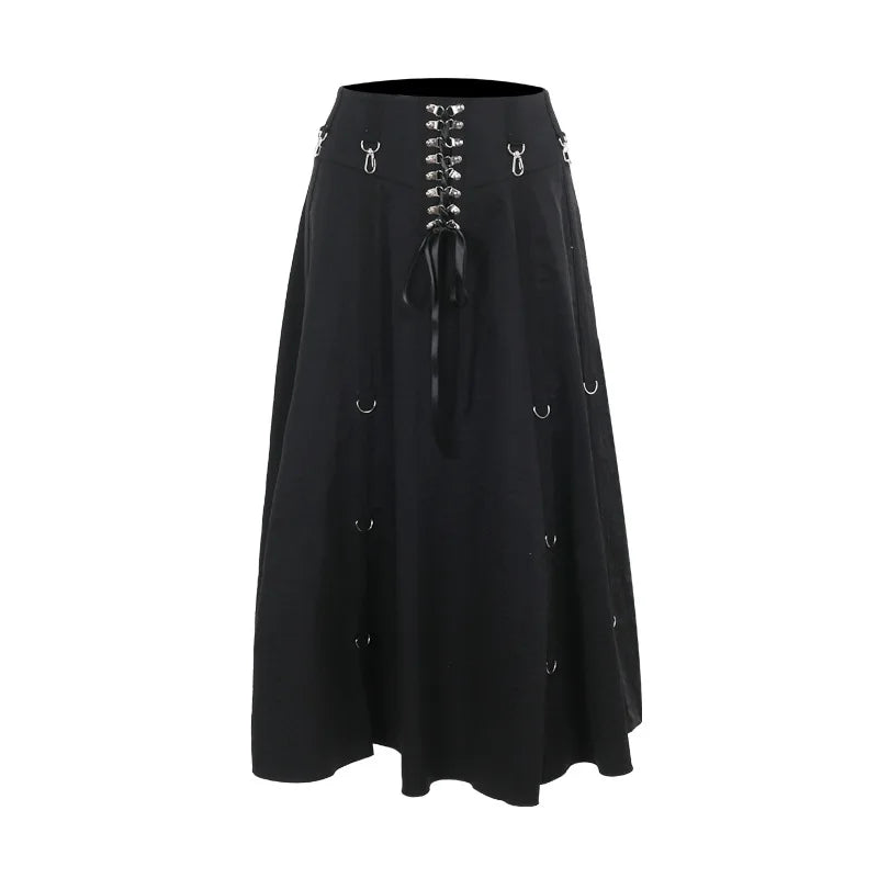 Gothic High-Waist A-Line Midi Skirt | Harajuku Grunge Y2K