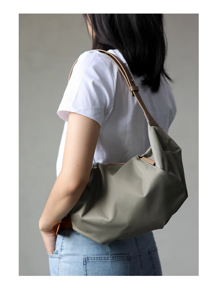 Lightweight Nylon Matching Genuine Leather Crossbody Bag High Quality Single Shoulder Bags Fashion Pleated Messenger Purses