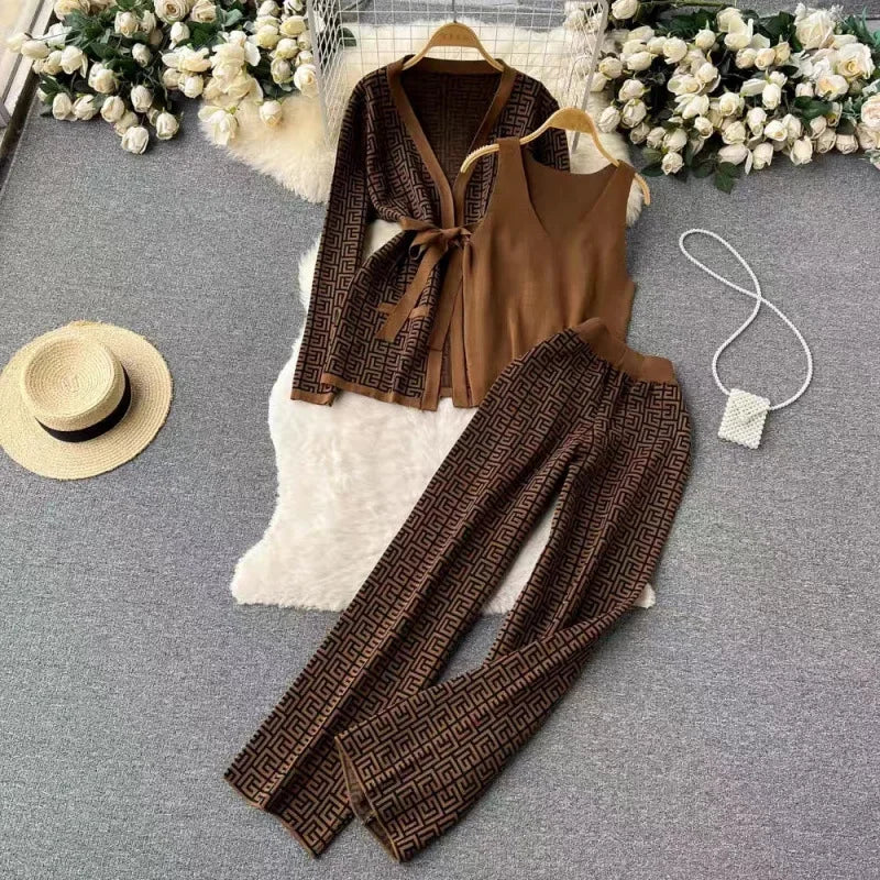 3-Piece Women’s Knitted Set: V-Neck Belted Cardigan & High-Waist Wide-Leg Pants