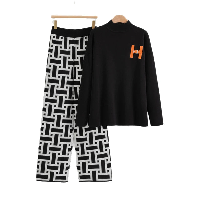 Women’s Autumn Color-Block Knit Set | Loose Split Top & Wide Leg Pants
