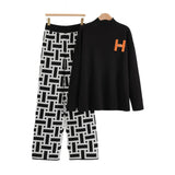 Women’s Autumn Color-Block Knit Set | Loose Split Top & Wide Leg Pants