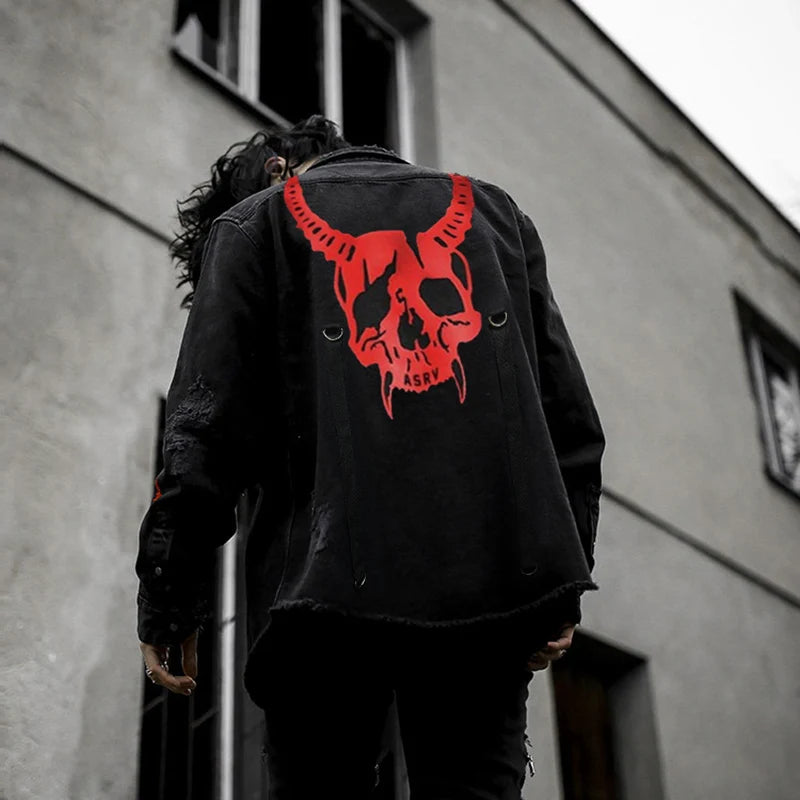 Skull Printing Denim Jacket Mens Harajuku Gothic Coats Vintage Halloween Clothes Spring Autumn Lightweight High Street Jacket