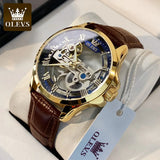 OLEVS 6661 Automatic Mechanical Man Watch Full Transparant Skeleton Flywheel Leather Strap Luxury Brand Original Mens Wristwatch