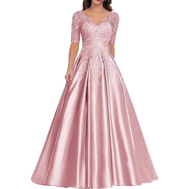A Line Women Evening Dresses Satin Appliques V Neck Prom Party Gowns Formal Occasion robes de soirée