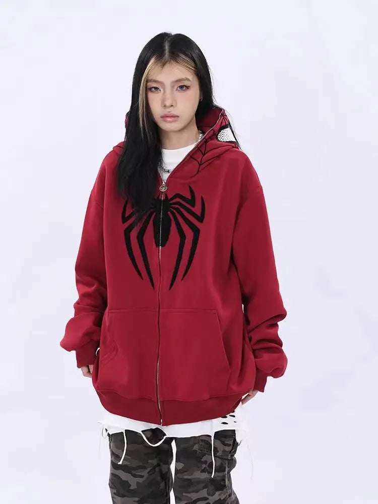 Oversized Y2K Spider Zip-Up Hoodie