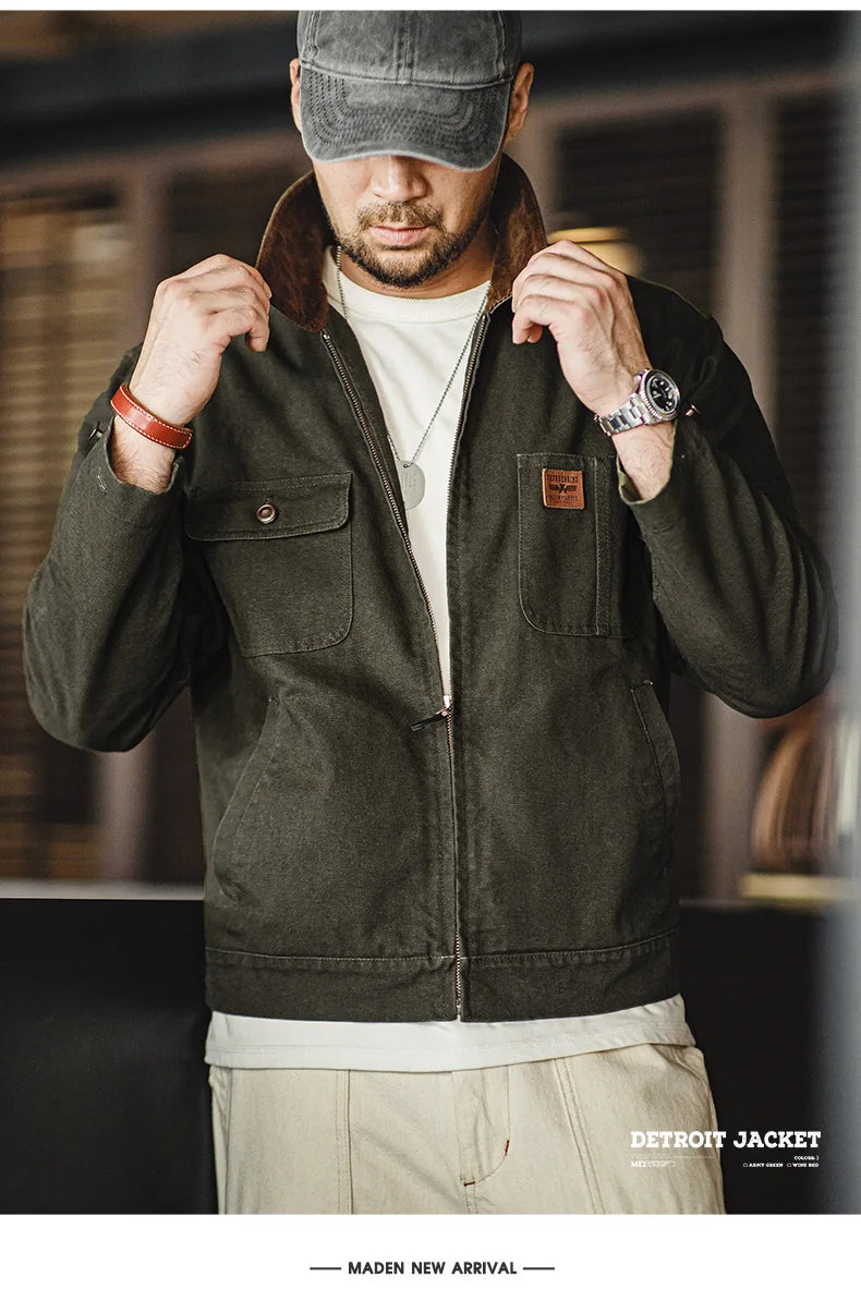 Maden Retro Heavyweight Canvas Detroit Jacket Corduroy Collar Hunting Short Zip-Up Jacket with Pockets Men's Autumn Outerwear