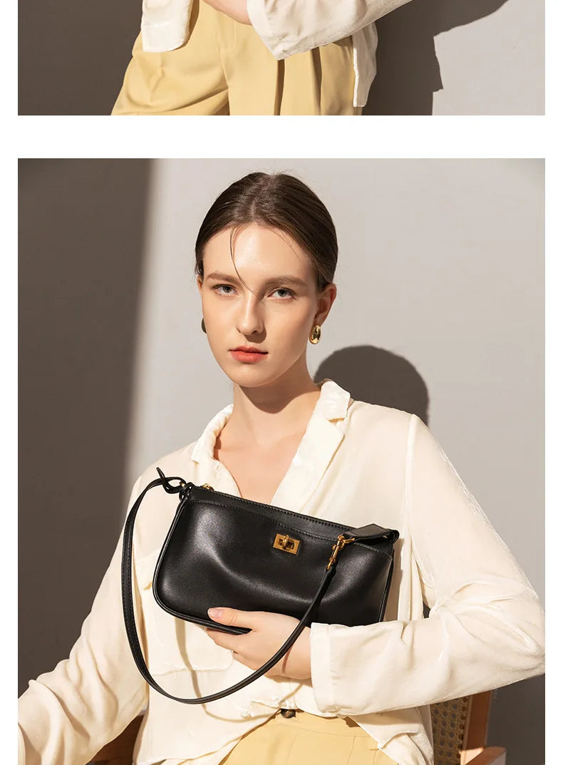 2026 Spring New Luxury Brand Women Shoulder Bags Split Leather Black Handbags Women Fashion Gold Buckle Underarm Bags
