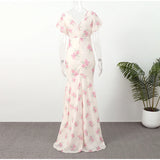 Flutter Sleeves Slim Long Dress Women Casual Pleated Deep V-neck Floral Print High Waist Dresses 2026 Lady Summer Holiday Wear