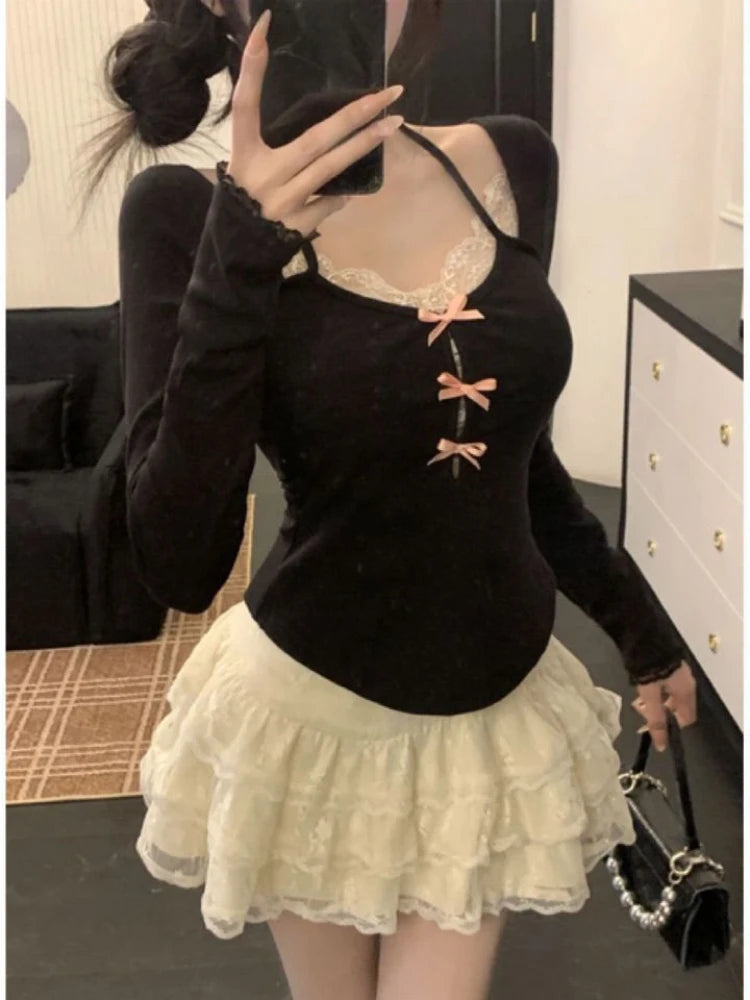 2025 Autumn Two Pieces Skirt Set Women Y2k Crop Tops T-shirt + Cake Skirts Japanese Kawaii Fashion Suits Chic Outfits Korean