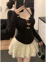 2025 Autumn Two Pieces Skirt Set Women Y2k Crop Tops T-shirt + Cake Skirts Japanese Kawaii Fashion Suits Chic Outfits Korean