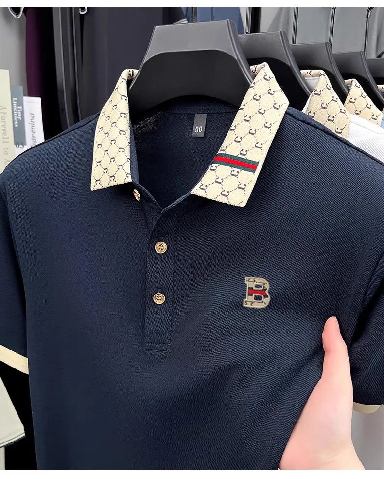 B Letter Embossed Short Sleeve Polo Shirt for Men