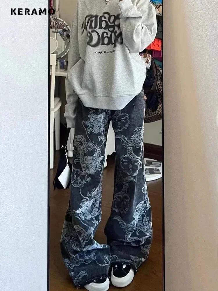 Y2K Dragon Print Baggy High-Waist Denim Jeans for Women