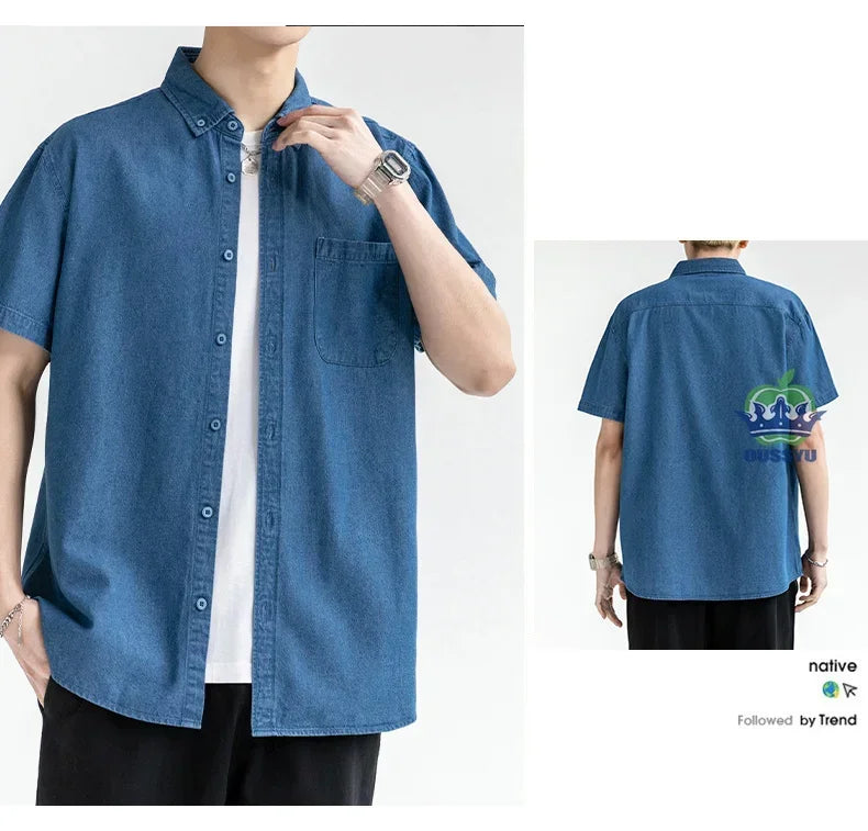 Men's Denim Shirt Long Sleeve Casual Outerwear Youth 2026 Fashion Streetwear Light Blue Button Up Top with Pockets Jeans Shirt