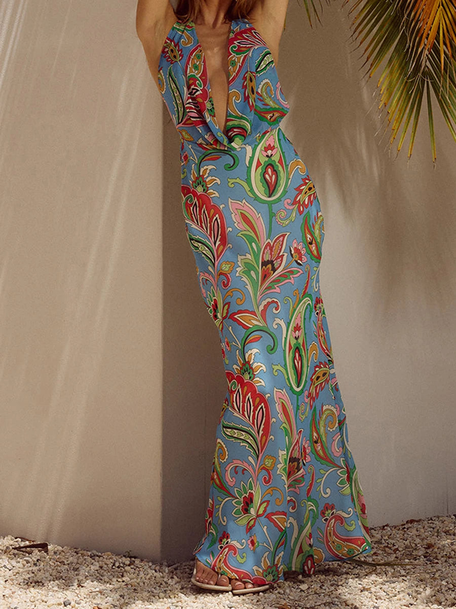 Floral V-Neck Sleeveless Maxi Dress
