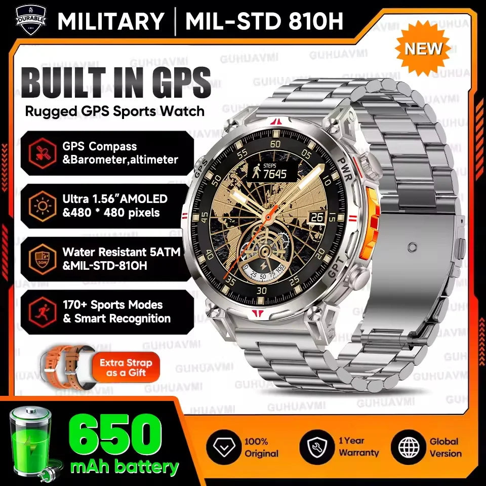 New Upgrade GPS Outdoor Sports SmartWatch Men With 5ATM Swim Compass Altimeter 1.56" AMOLED Heart Rate Bluetooth Call Smartwatch