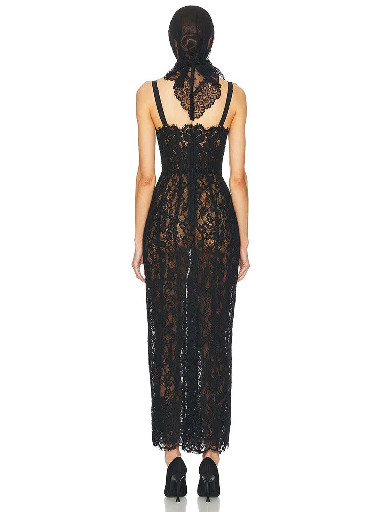 Elegant V-Neck Lace Maxi Dress