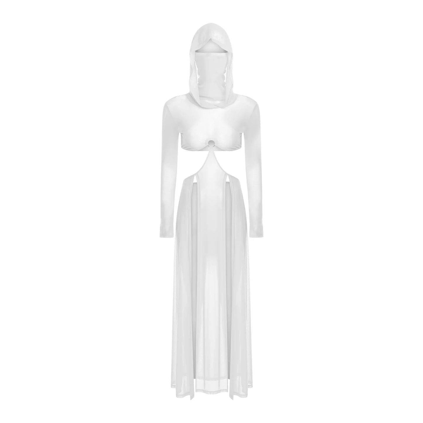 Women’s Hooded Mask Sheer Maxi Dress