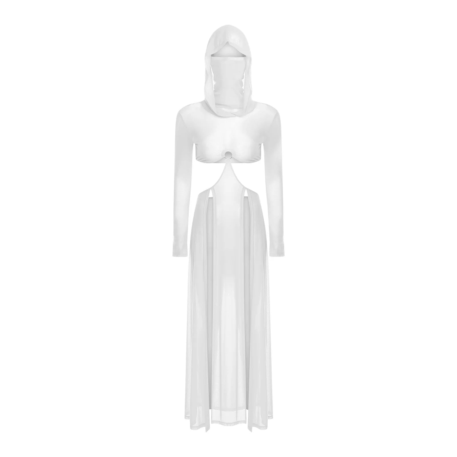Women’s Hooded Mask Sheer Maxi Dress