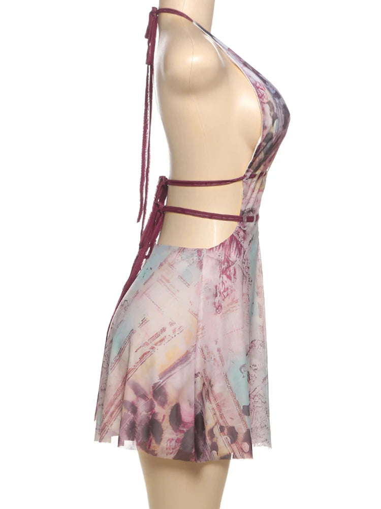Shell Splice Halter Mini Dress - Y2K Aesthetic Backless Clubwear